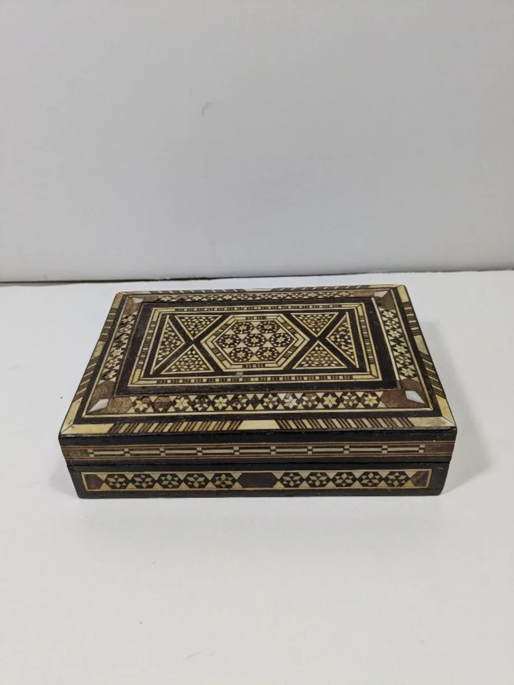 Ornate Mosaic Inlay Wooden Hinged Box Cottagecore Boho Bohemian Farmhouse